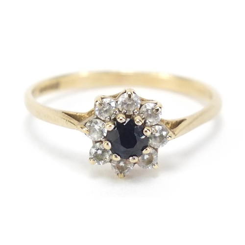 2568 - 9ct gold sapphire and cubic zirconia flower head ring, size N, 1.4g