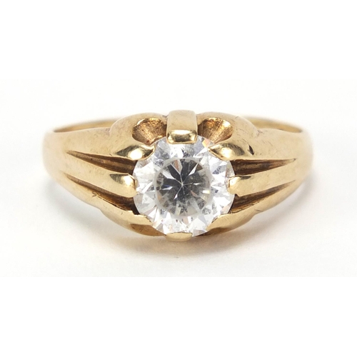 2576 - 9ct gold clear stone solitaire ring, size V, 4.7g