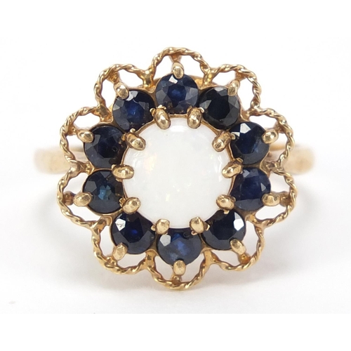 2521 - 9ct gold opal and sapphire ring, size T, 4.0g