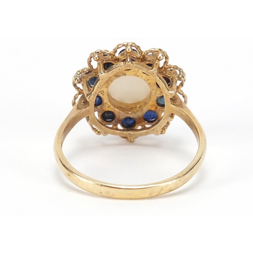2521 - 9ct gold opal and sapphire ring, size T, 4.0g