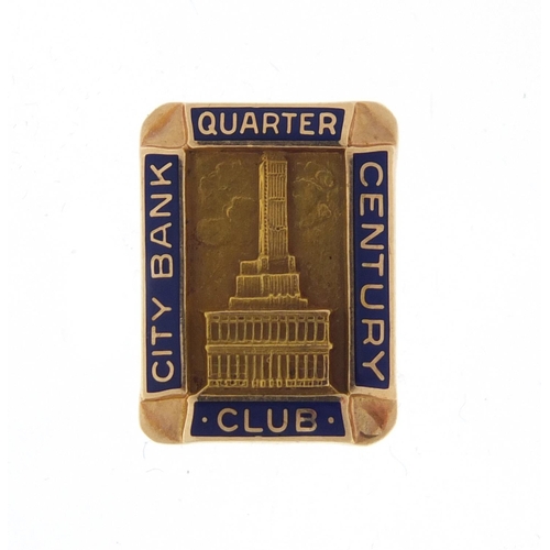 2559 - 10ct gold and enamel City Bank Quarter Century Club lapel pin, 1.5cm in length, 3.2g