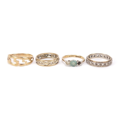 2527 - Four 9ct gold rings, including two eternity rings set with clear stones, various sizes, 8.5g