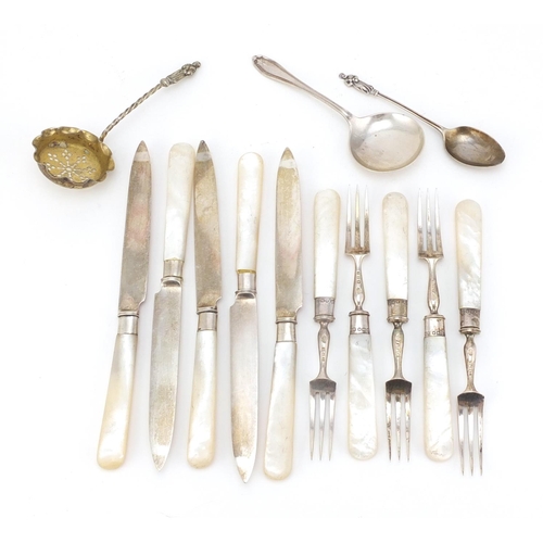 2454 - Set of five silver and mother of pearl fish knives and forks, together with three other silver spoon... 