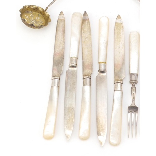 2454 - Set of five silver and mother of pearl fish knives and forks, together with three other silver spoon... 