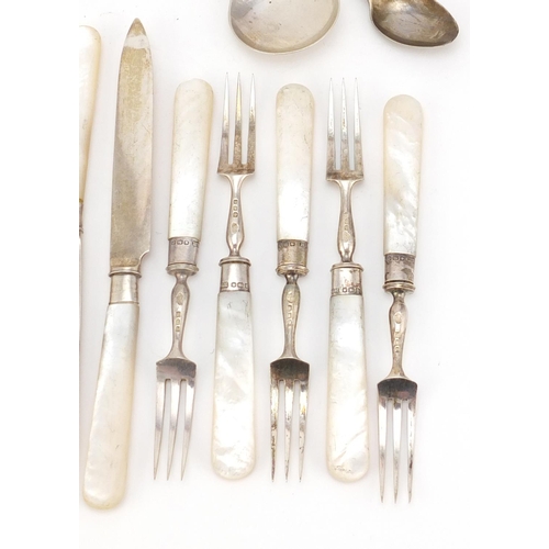 2454 - Set of five silver and mother of pearl fish knives and forks, together with three other silver spoon... 