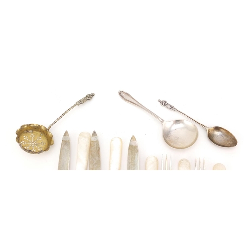 2454 - Set of five silver and mother of pearl fish knives and forks, together with three other silver spoon... 