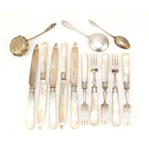 2454 - Set of five silver and mother of pearl fish knives and forks, together with three other silver spoon... 