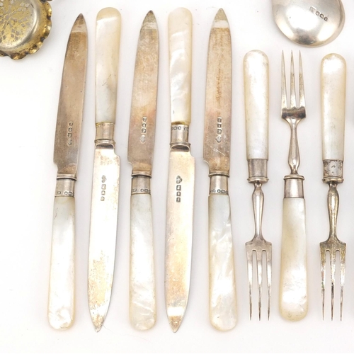 2454 - Set of five silver and mother of pearl fish knives and forks, together with three other silver spoon... 