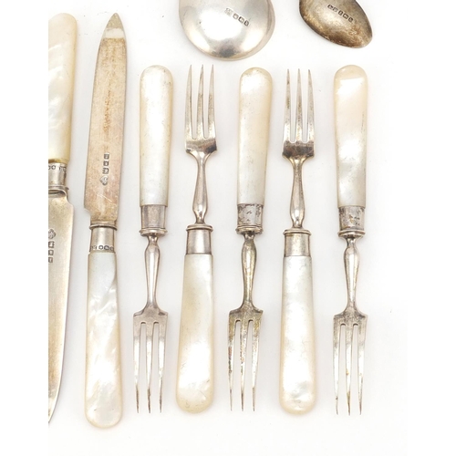 2454 - Set of five silver and mother of pearl fish knives and forks, together with three other silver spoon... 