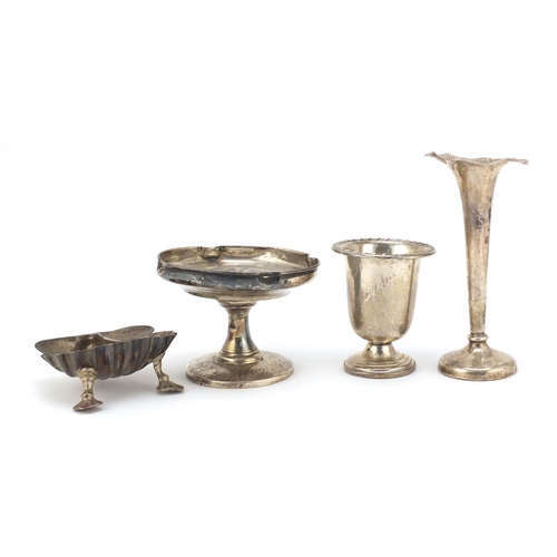 2500 - Silver items comprising two vases, a pedestal bonbon dish and a Victorian shell shaped open salt, va... 