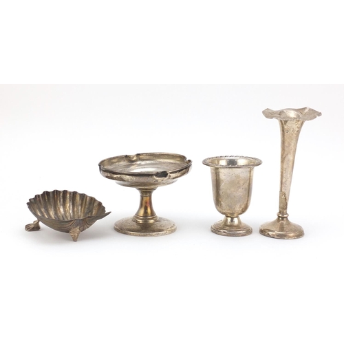 2500 - Silver items comprising two vases, a pedestal bonbon dish and a Victorian shell shaped open salt, va... 