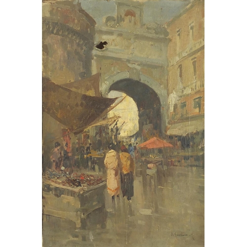 928 - S Gennaro M - Continental market, oil on canvas, framed, 44cm x 29cm