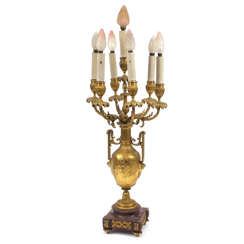56 - 19th century classical Ormolu and red marble six branch candelabra, 89cm high