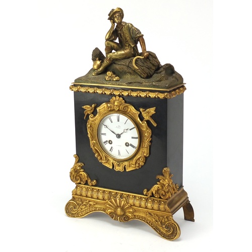 60 - 19th century French Ormolu and black slate figural shelf clock with silk suspension by Pickard, havi... 