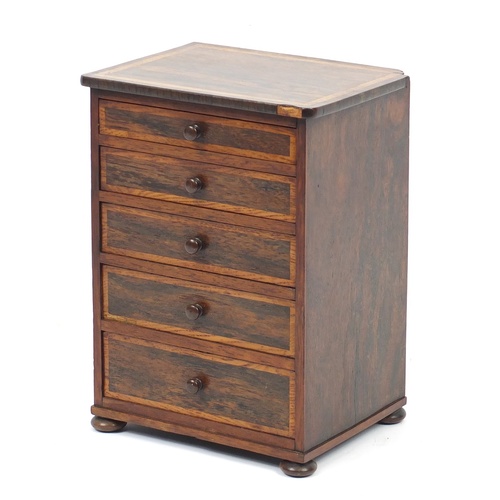 75 - Victorian rosewood five drawer apprentice chest with oak inlay, 37.5cm H x 27.5cm W x 21cm D