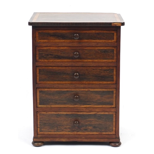 75 - Victorian rosewood five drawer apprentice chest with oak inlay, 37.5cm H x 27.5cm W x 21cm D