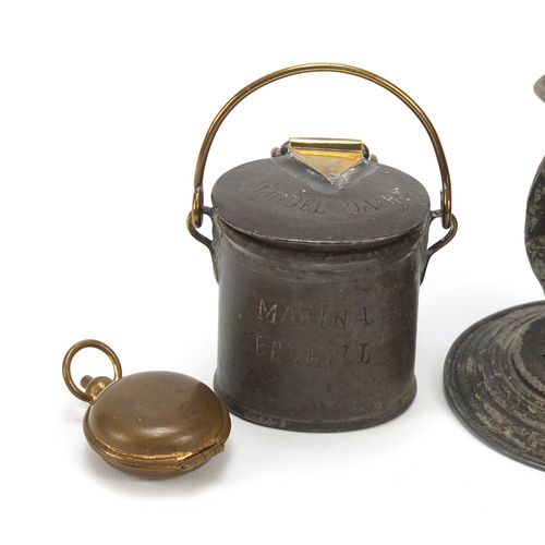 86 - Objects including a Tony Weller inkwell and model dairy vesta, the largest 10.5cm high