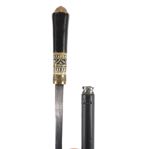 92 - Indian ebony sword stick with carved bone section and steel blade, 92cm in length