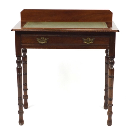 62 - Mahogany writing table with tooled green leather insert above a frieze draw, 82cm H x 76cm W x 44cm ... 