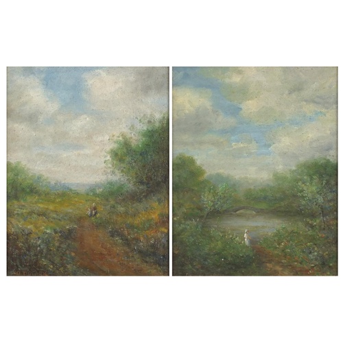 946 - Octavius Thomas Clark - Figures in landscapes, pair of oil on boards, inscribed verso, mounted and f... 