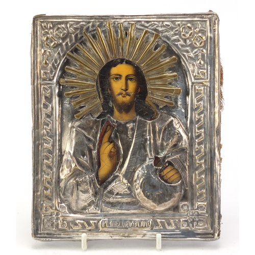 62 - Hand painted Russian orthodox icon with silver plated mounts, 18.5cm x 15cm