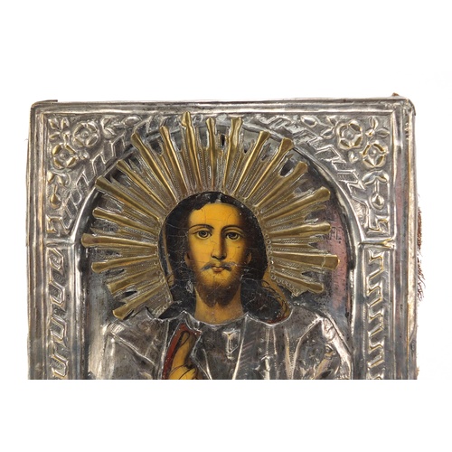 62 - Hand painted Russian orthodox icon with silver plated mounts, 18.5cm x 15cm