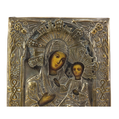 63 - Hand painted Russian orthodox icon with silver plated mounts, 18.5cm x 15cm