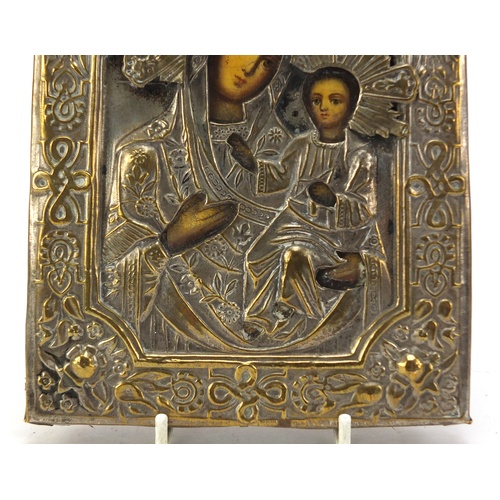 63 - Hand painted Russian orthodox icon with silver plated mounts, 18.5cm x 15cm