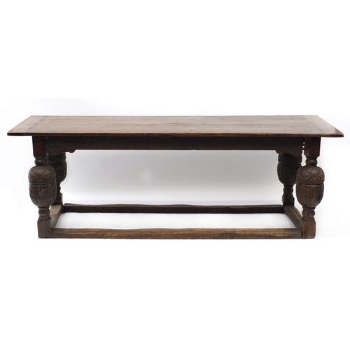 2057 - Oak refectory table with carved cup and cover bulbous legs, 80cm H x 230cm W x 88cm D