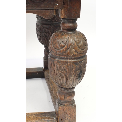 2057 - Oak refectory table with carved cup and cover bulbous legs, 80cm H x 230cm W x 88cm D