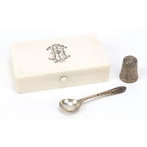 2480 - Victorian ivory box, silver spoon and silver thimble, 9cm wide