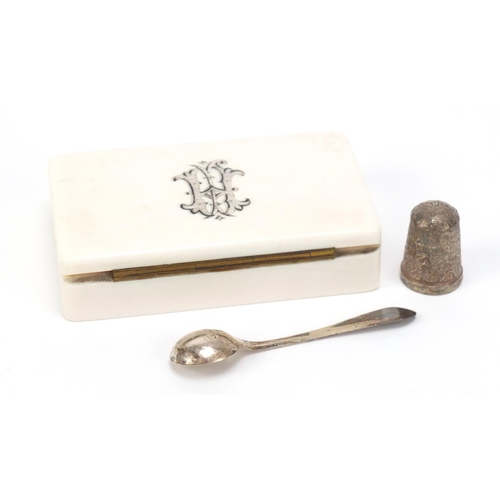 2480 - Victorian ivory box, silver spoon and silver thimble, 9cm wide