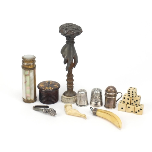 2487 - Objects including silver thimbles, Tunbridge Ware container, hand design seal and a carved leg pipe ... 