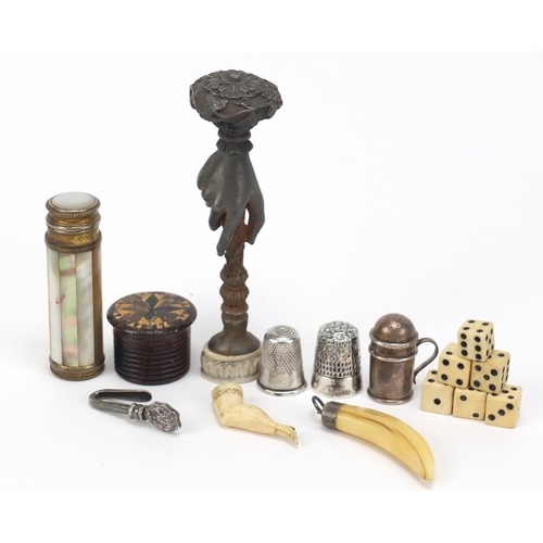 2487 - Objects including silver thimbles, Tunbridge Ware container, hand design seal and a carved leg pipe ... 