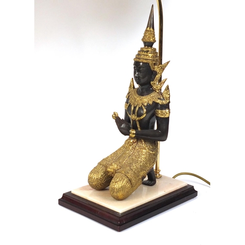 2063 - Pair of gilt bronze Thai buddha design table lamps with shades, overall 80cm high