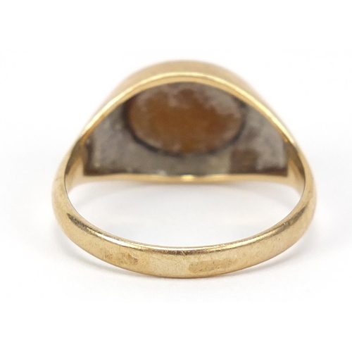 2551 - 9ct gold tigers eye ring, size P, 3.3g