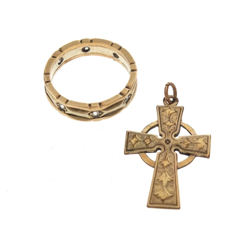 2562 - 9ct gold clear stone eternity ring, size L, 3.4g and a gold coloured metal cross pendant, 1.8g