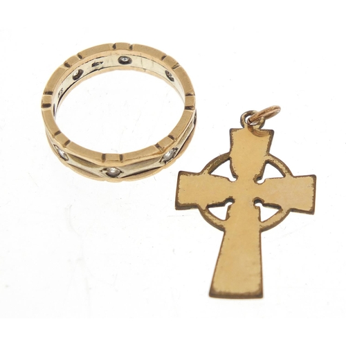 2562 - 9ct gold clear stone eternity ring, size L, 3.4g and a gold coloured metal cross pendant, 1.8g