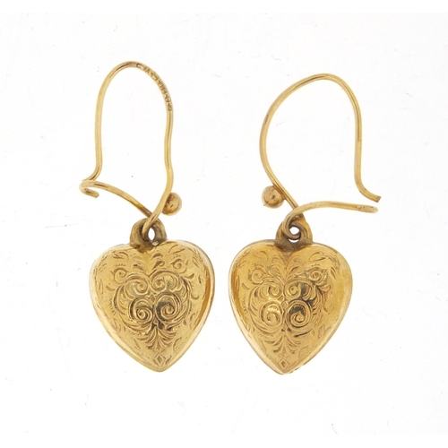 2570 - Pair of Victorian style 9ct gold love heart earrings, 2.5cm in length, 1.4g