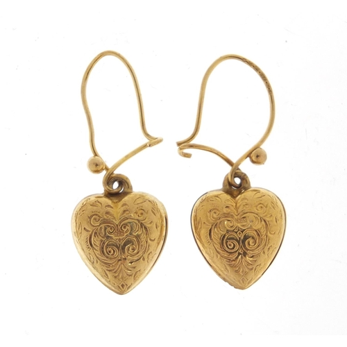 2570 - Pair of Victorian style 9ct gold love heart earrings, 2.5cm in length, 1.4g