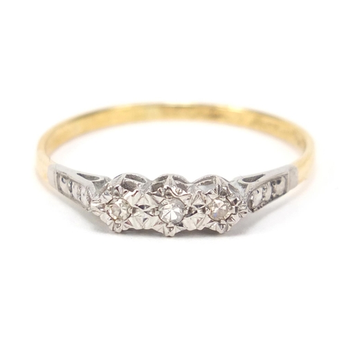 2529 - 18ct gold diamond three stone ring, size W, 2.0g