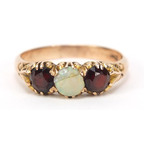 2545 - 14ct gold opal and garnet ring, size O, 3.0g