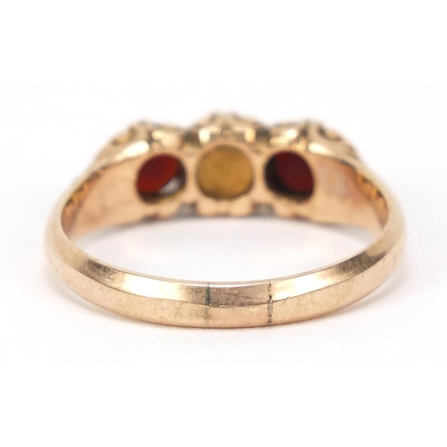 2545 - 14ct gold opal and garnet ring, size O, 3.0g