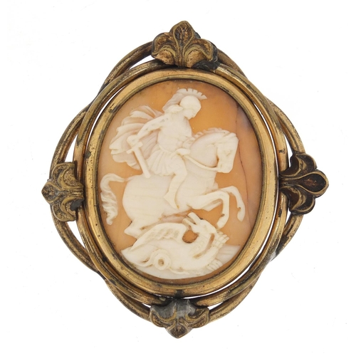 2577 - Victorian cameo brooch carved with a female on horseback slaying a dragon, set in a gilt metal mount... 