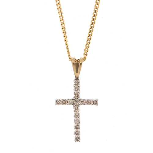 2563 - 9ct gold diamond cross pendant on a 9ct gold necklace, the pendant 2.2cm in length, 2.6g