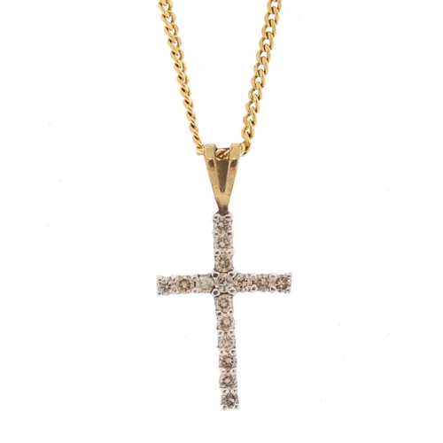 2563 - 9ct gold diamond cross pendant on a 9ct gold necklace, the pendant 2.2cm in length, 2.6g