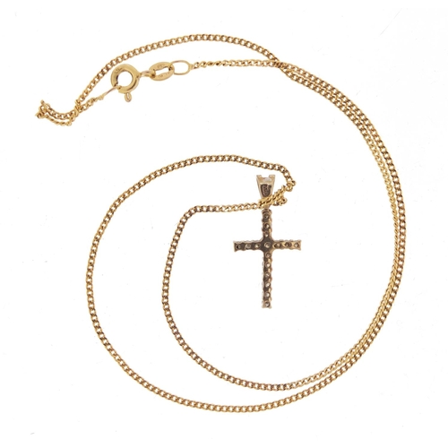 2563 - 9ct gold diamond cross pendant on a 9ct gold necklace, the pendant 2.2cm in length, 2.6g