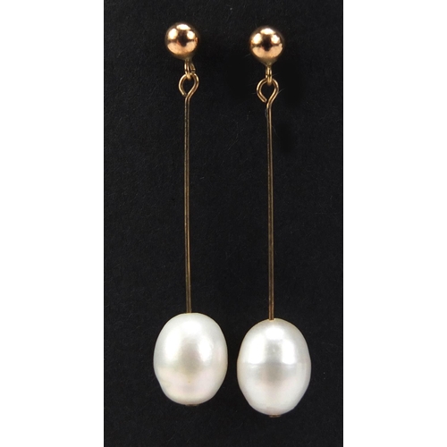 2555 - Pair of 9ct gold pearl earrings, 4cm in length, 2.6g