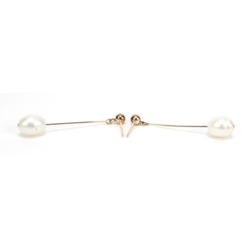 2555 - Pair of 9ct gold pearl earrings, 4cm in length, 2.6g