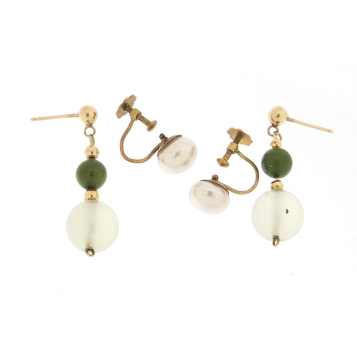 2561 - Pair of 9ct gold simulated pearl earrings and a pair of green stone earrings, 5.2g